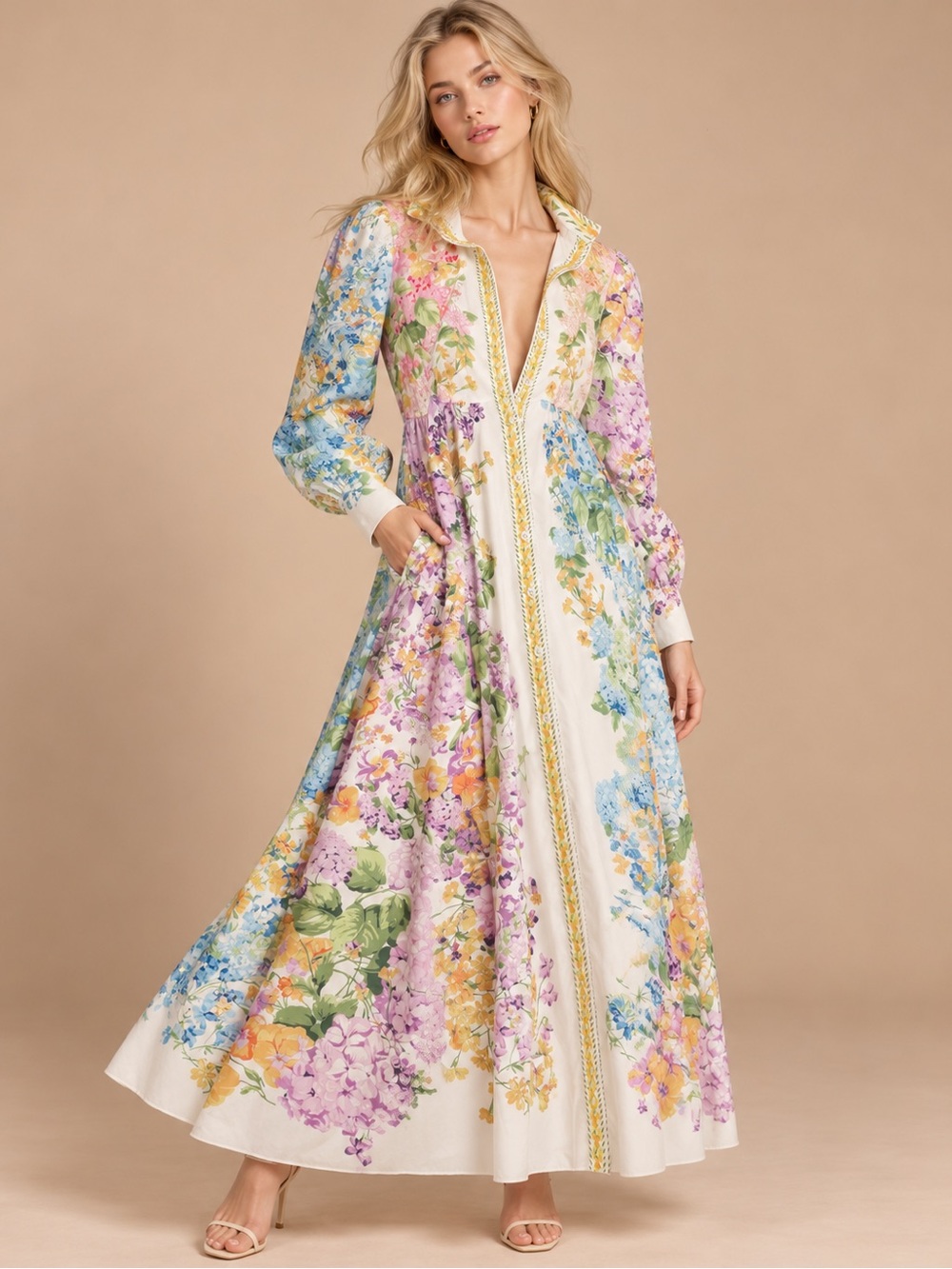 SHEIN Floral Button Front Maxi Dress Small Puff Sleeve Cottagecore Garden Dress